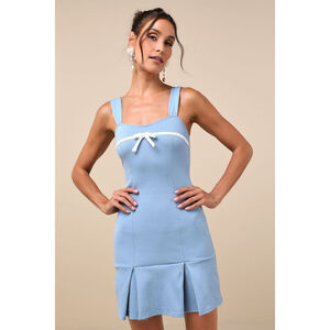 Lulus Impeccable Cutie Blue Sleeveless Bow Drop Waist Mini Dress - Size S
